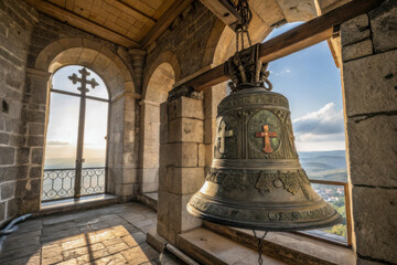 Obraz premium A historic church bell with ornate crosses hanging in a bell tower, illuminated by golden sunlight