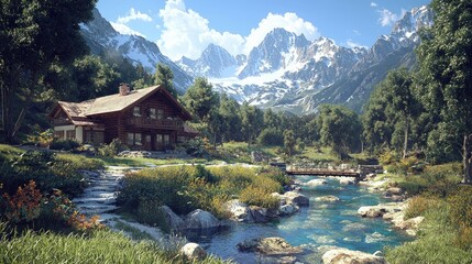 Fototapeta premium Mountain cabin river landscape, idyllic scenery, travel poster