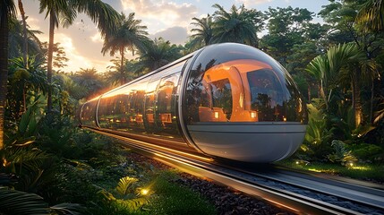 Fototapeta premium Futuristic train in a tropical rainforest at sunset. Possible use Stock photo for travel, technology, or environmental themes