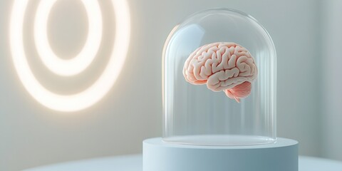 brain in glass dome. Laboratory background. Futuristic medicine concept. For banner, design, promo, presentation, cover, thumbnail