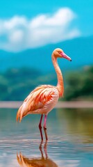 Solitary flamingo standing gracefully in shallow water against a backdrop of soft blue skies and distant mountains