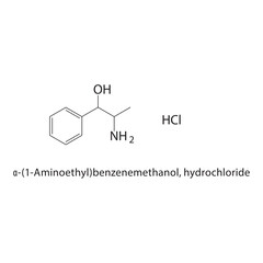 α-(1-Aminoethyl)- benzenemethanol, hydrochloride skeletal structure.Amino alcohol compound schematic illustration. Simple diagram, chemical structure.