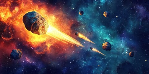 Obraz premium Asteroids hurtle through colorful nebulae and starry cosmos backdrop