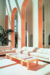 Explore the Serenity of Modern Interior Design with Elegant Furniture and Natural Light in a Spacious, Colorful Living Room