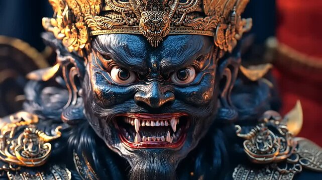 Intricate Fierce Statue with Golden Ornaments, Mythical and Majestic Expression Captured