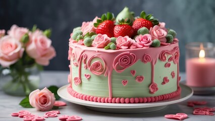 "Happy Valentine's Day Greeting Card Featuring a Beautiful Pink Frosted Cake Decorated with Strawberries, Pink Heart-Shaped Cookies, and Surrounded by a Bouquet of Pink Roses."