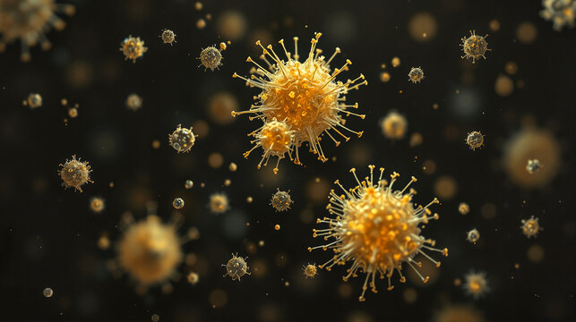 Seasonal allergies, pollen sensitivity, outdoor allergy triggers, airborne allergens, Microscopic view of outdoor allergy triggers in the air represented as particles
