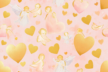 Delicate pattern with angels and hearts in pink and gold shades for postcard design, textures, patterns