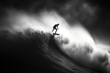Dramatic Surfer Riding Massive Wave Black and White Photography