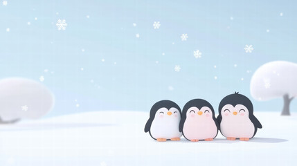 Cute penguins standing together in snowy landscape, surrounded by falling snowflakes. Their playful expressions evoke sense of joy and warmth in cold winter scene