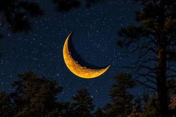 Naklejka premium Golden Crescent Moon Night Sky with Starry Trees