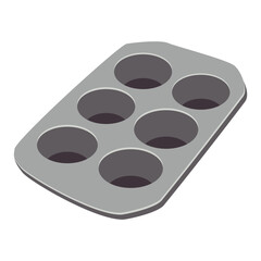 metal baking pan for muffins or cupcakes. Kitchen utensil, isolated on white background. Metal baking dish for desserts. Cartoon vector illustration.