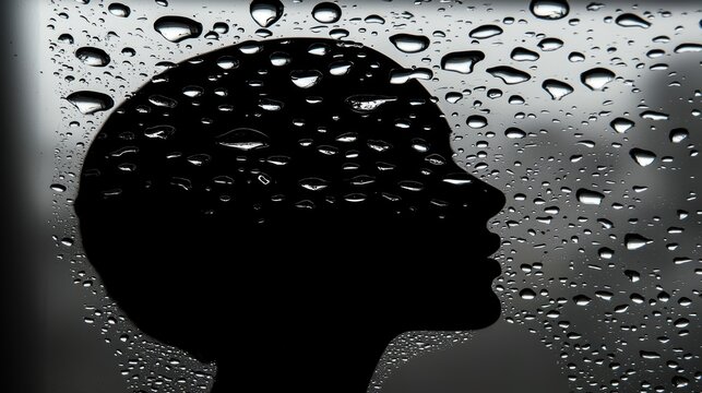 Silhouette of a woman against rain-soaked window urban setting emotional portrait gray background introspective mood