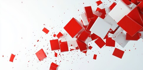 A dynamic composition of red and white cubes floats midair