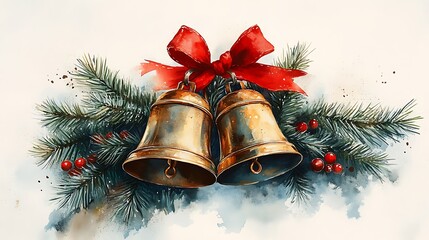 Red and Gold Christmas Bells Hanging from Snowy Pine Branches