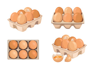 Set of Eggs in Boxes, Farmer Production, Organic Farm Food Icons for Market Place, Store or Shop.  Cartoon Vector Illustration