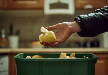 A hand is seen tossing an apple core into a green compost bin in a kitchen, highlighting the action of waste disposal