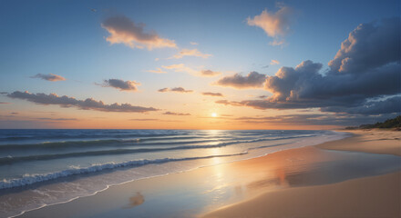  a serene beach at dusk. The horizon stretches along, where the sky meets the calm ocean. The sky features vibrant, natural tones, with a smooth gradient of deep blue at the top