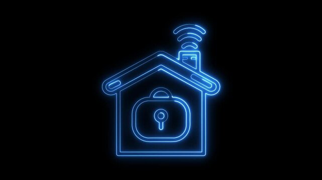 Glowing neon home button icon with security or lock icon animation, Neon line home icon with lock, House icon neon glowing light on a black background