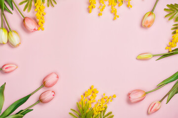 Easter frame with tulips and colorful eggs