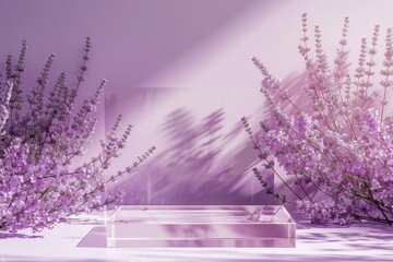 Elegant transparent glass display pedestal surrounded by blooming lavender flowers. Soft sunlight casts delicate floral shadows, creating a dreamy and sophisticated ambiance