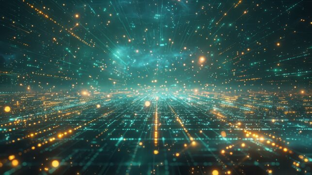 Abstract digital background featuring a glowing teal grid with fast-moving golden data streams and floating particles. A high-tech concept representing AI, big data, and connectivity