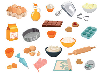 set of baking ingredients. Products and kitchen tools for cooking baking recipes. Cartoon vector illustration