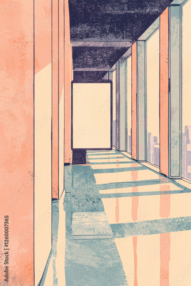 Poster Exploring Modern Architectural Spaces: A Minimalist Interior Design Featuring Playful Light and Shadow Dynamics in a Stylish Setting