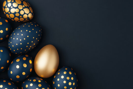 Elegant golden and navy Easter eggs with polka dots on dark background minimalistic holiday design