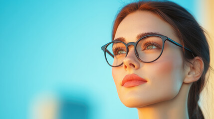 Fototapeta premium Young caucasian woman with glasses gazing into sunset thoughtful serene expression concept