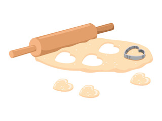 Dough with rolling pin. Homemade cookies. Bakery vector illustration isolated on white background.