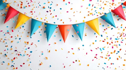 Colorful party flags hanging with falling confetti on white background