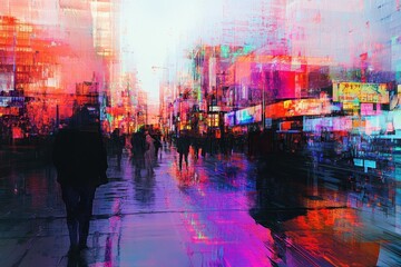 Abstract city street scene with pedestrians and vibrant colors