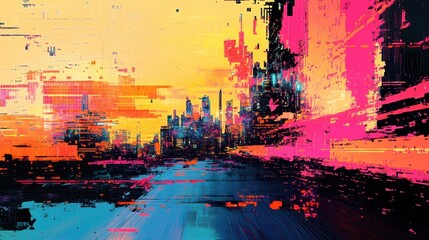Naklejka premium Abstract colorful cityscape painting featuring glitch art style elements