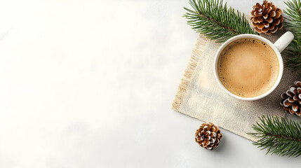 Festive coffee, pine cones, branches, winter background, holiday drinks