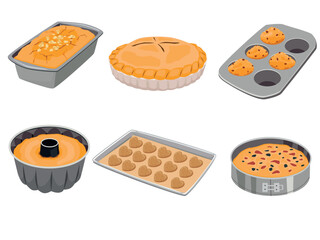 Set of bakery products. Various pastries from dough in various baking forms. Homemade cakes. Cartoon vector illustration.