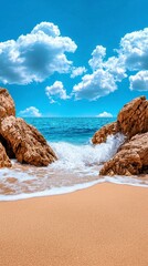 Tranquil beach with golden sand and gentle waves against rocky formations under a blue sky with clouds