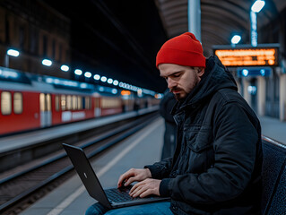 man in red beanie working on laptop at train station at night