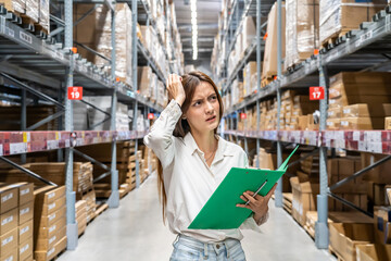 Large storage facility, Young woman diligently checking her clipboard as she organizes and oversees the supplies, but she forgot detail, feeling stressed, mistake while Exploring the warehouse