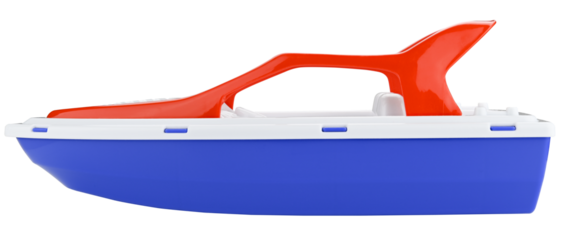 Beach Speedboat toy isolated on a transparent background. Completely in focus. Focus stacking.