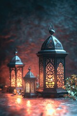 Fototapeta premium A pair of ornate, metallic lamps featuring intricate designs and candlelight illumination, set against a dark background for a moody atmosphere.