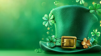 A green leprechaun hat adorned with a gold buckle rests on a lush green background. Soft sun rays illuminate it while scattered clovers enhance the festive vibe. Ideal for seasonal decorations