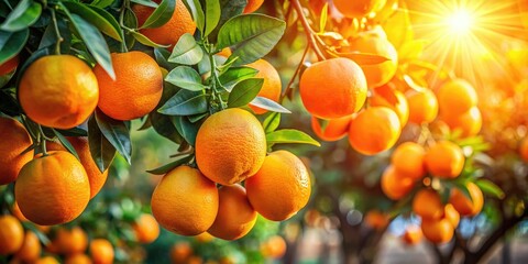 Fresh oranges burst from sunlit branches in a lively citrus orchard, a vibrant scene.
