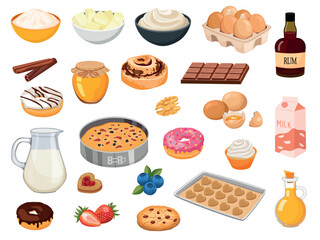 set of baking ingredients and baking cookies and pie. Cartoon vector illustration