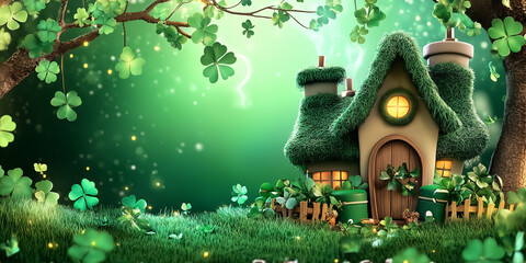 A whimsical green cottage adorned with shamrocks for Saint Patricks Day stands on vibrant grass. The friendly atmosphere invites celebrations and gatherings