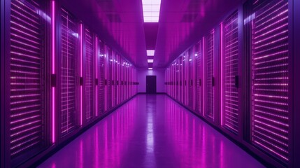 Futuristic data center corridor with vibrant neon lights and hightech server racks