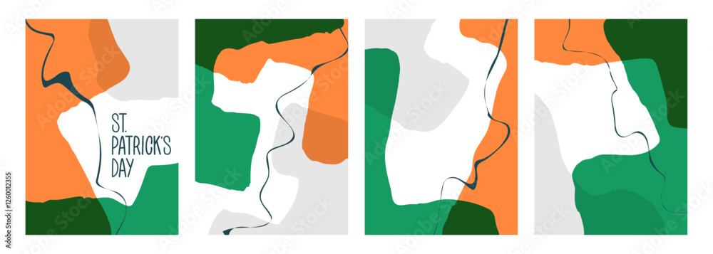 Aufkleber Irish flag colors. Set of abstract backgrounds with various curved bright colored shapes and bent lines for Patrick's Day holiday greetings and invitations. Vector illustration.