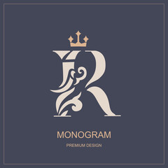 Letter R with crown and abstract elements. Calligraphic beautiful logo. Elegant royal style. Vintage drawn emblem for book design, brand name, business card, Restaurant, Boutique. Vector illustration