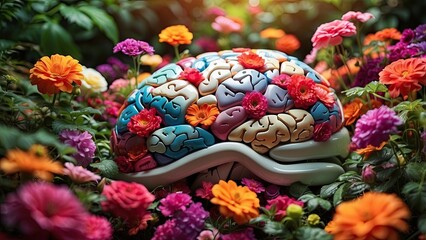 Hands holding a model of a human brain adorned with vibrant