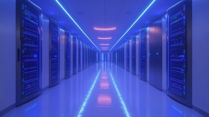 Hightech server room with glowing blue lights and advanced computing equipment in perspective